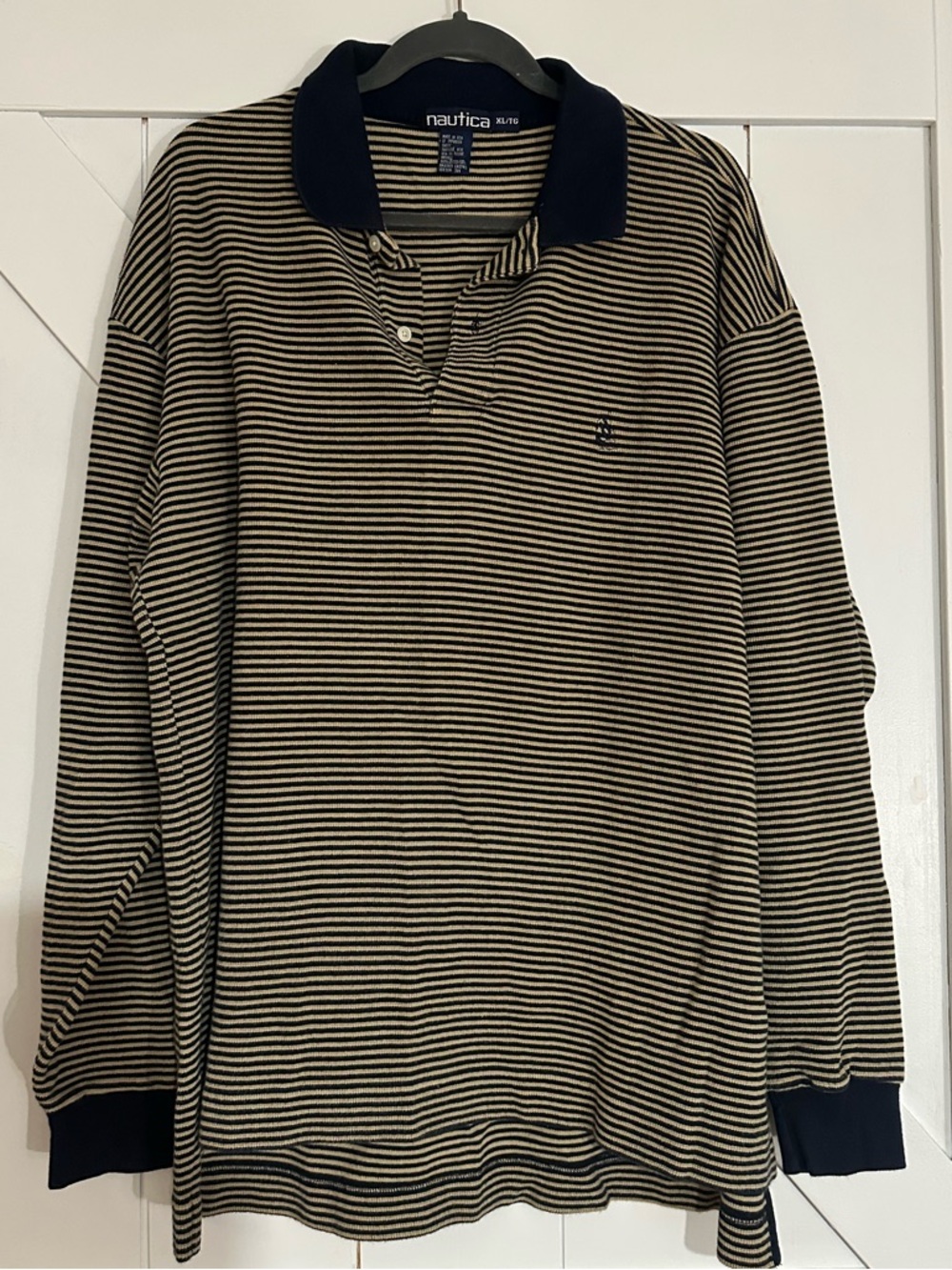 Nautica Long Sleeve Striped Polo in Navy and Beige